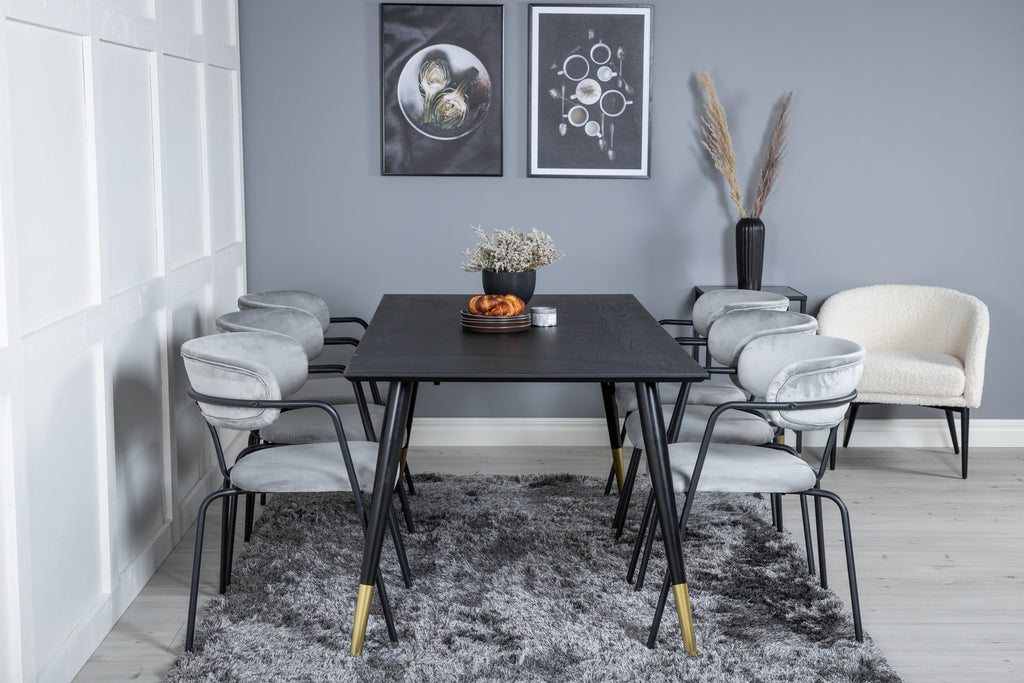 Dipp och Arrow matgrupp 180x90 cm svart/grå med mässingsfärgade detaljer och sammet