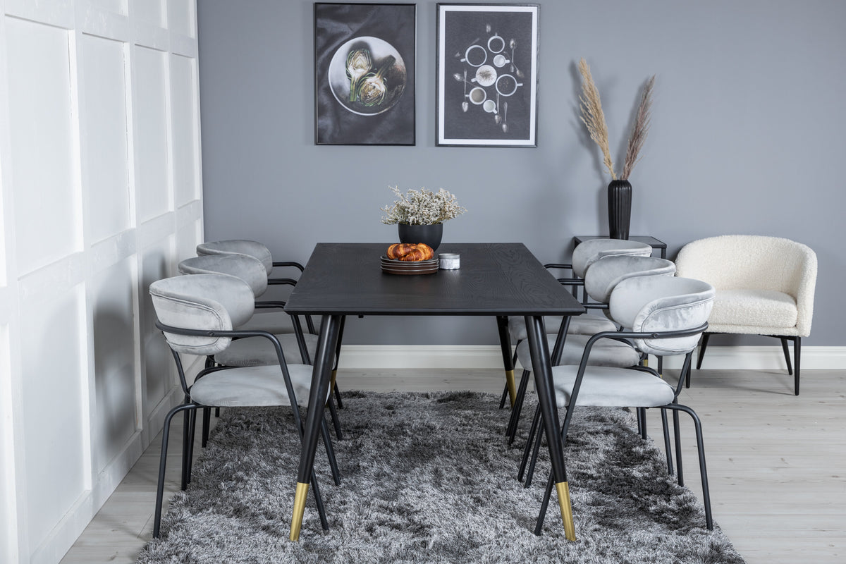 Dipp och Arrow matgrupp 180x90 cm svart/grå med mässingsfärgade detaljer och sammet