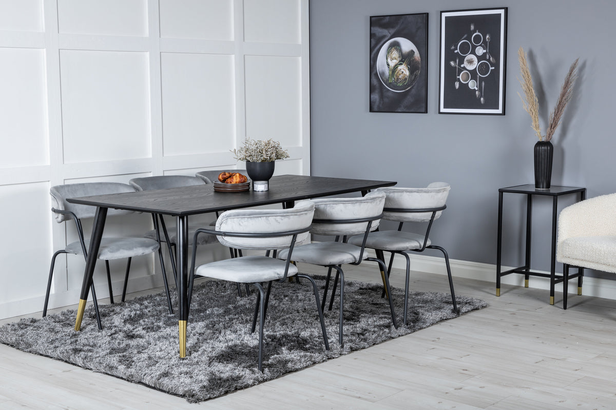 Dipp och Arrow matgrupp 180x90 cm svart/grå med mässingsfärgade detaljer och sammet