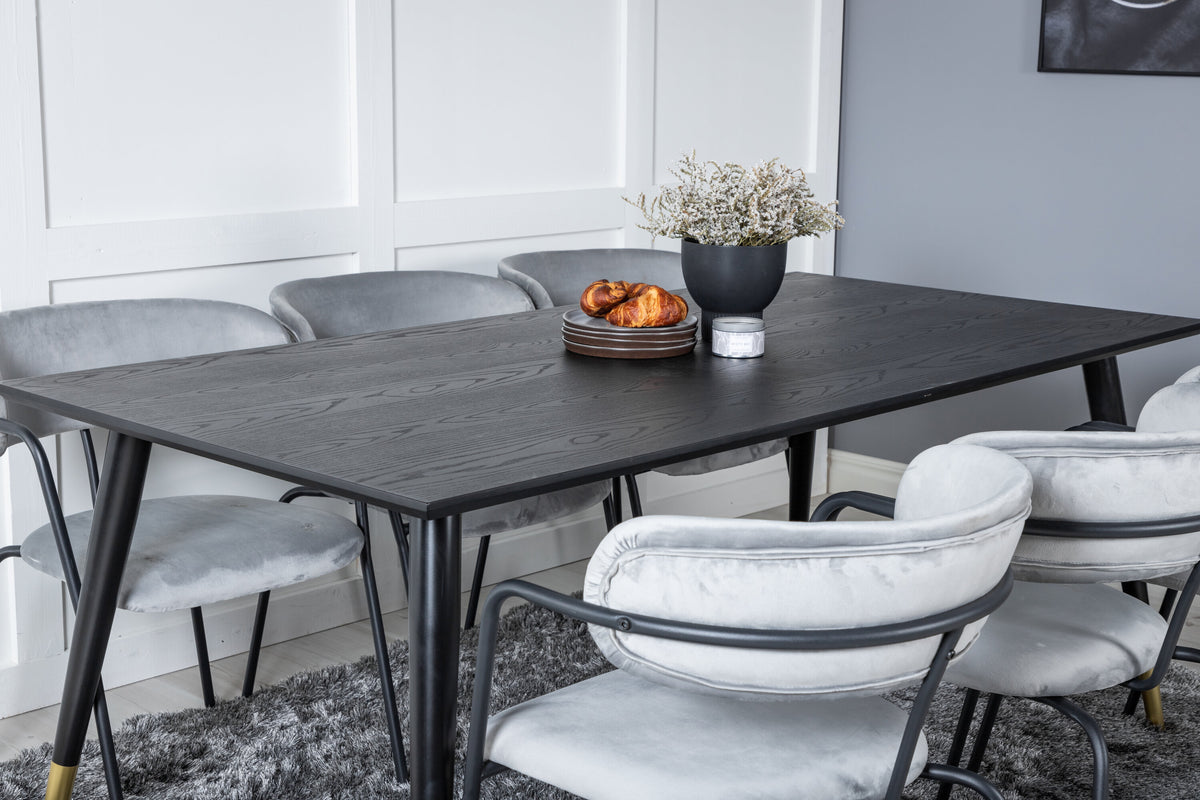 Dipp och Arrow matgrupp 180x90 cm svart/grå med mässingsfärgade detaljer och sammet