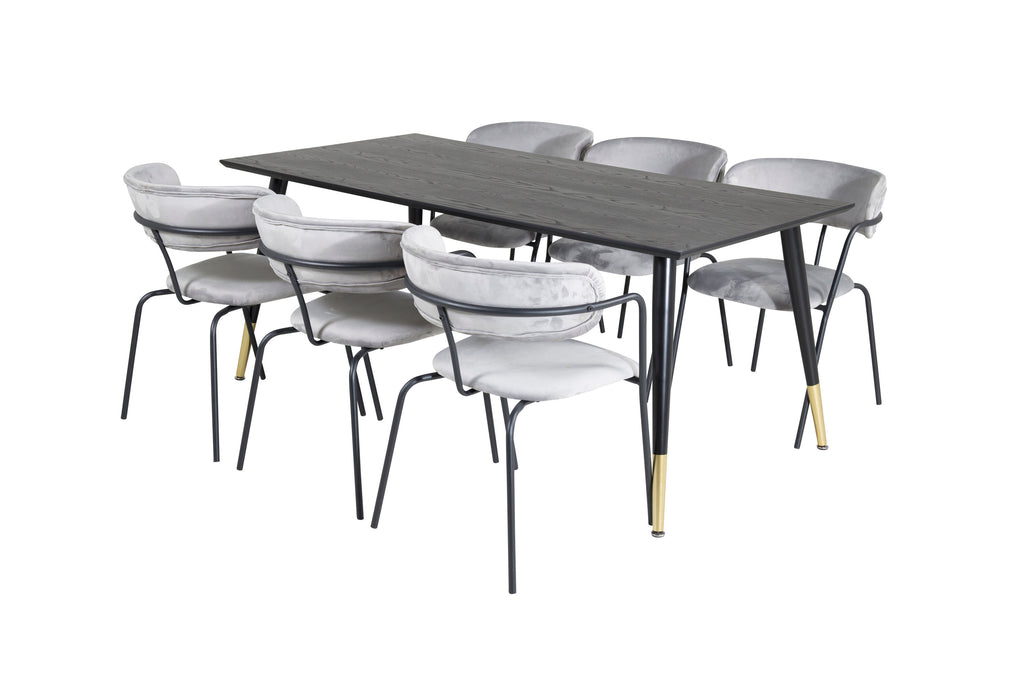 Dipp och Arrow matgrupp 180x90 cm svart/grå med mässingsfärgade detaljer och sammet
