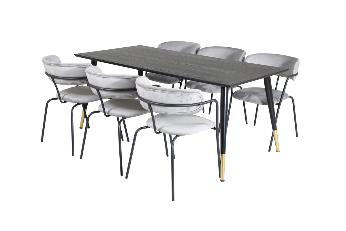 Dipp och Arrow matgrupp 180x90 cm svart/grå med mässingsfärgade detaljer och sammet