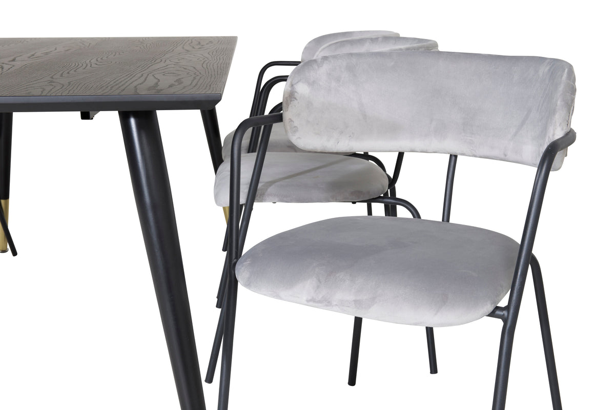 Dipp och Arrow matgrupp 180x90 cm svart/grå med mässingsfärgade detaljer och sammet
