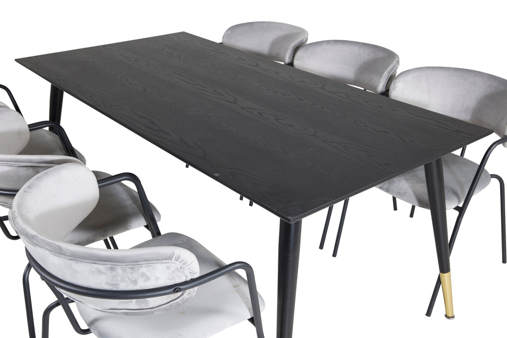 Dipp och Arrow matgrupp 180x90 cm svart/grå med mässingsfärgade detaljer och sammet