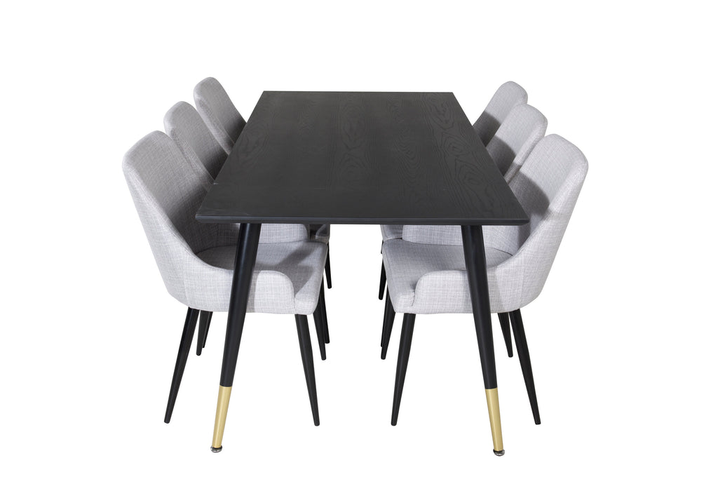 Dipp matbord 180x90cm svart med svart mässing och 6 Plaza matstolar svarta ben ljusgrått tyg