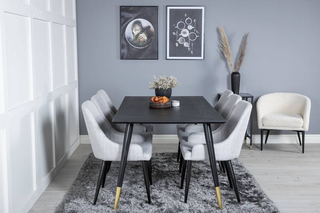Dipp matbord 180x90cm svart med svart mässing och 6 Plaza matstolar svarta ben ljusgrått tyg