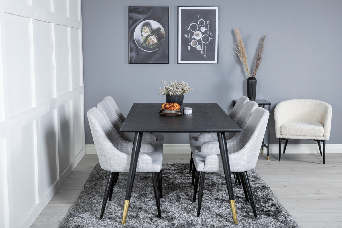 Dipp matbord 180x90cm svart med svart mässing och 6 Plaza matstolar svarta ben ljusgrått tyg