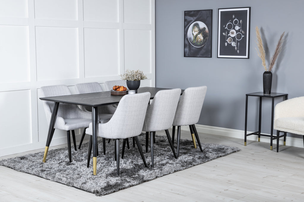Dipp matbord 180x90cm svart med svart mässing och 6 Plaza matstolar svarta ben ljusgrått tyg