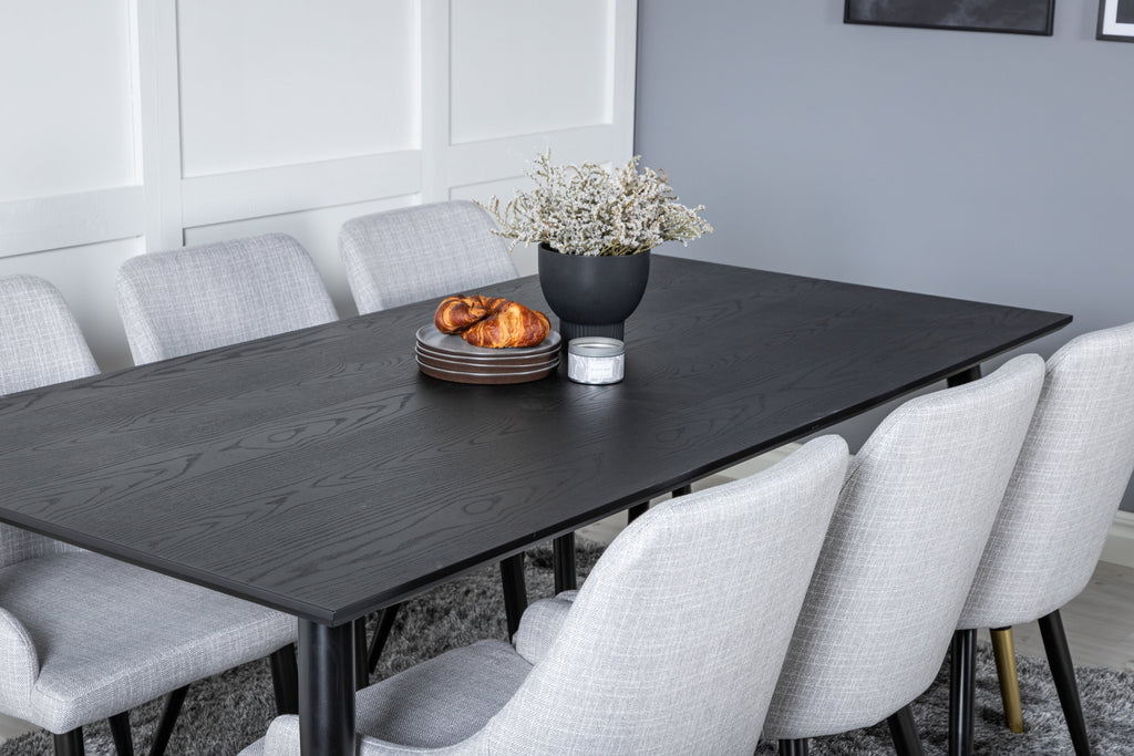 Dipp matbord 180x90cm svart med svart mässing och 6 Plaza matstolar svarta ben ljusgrått tyg