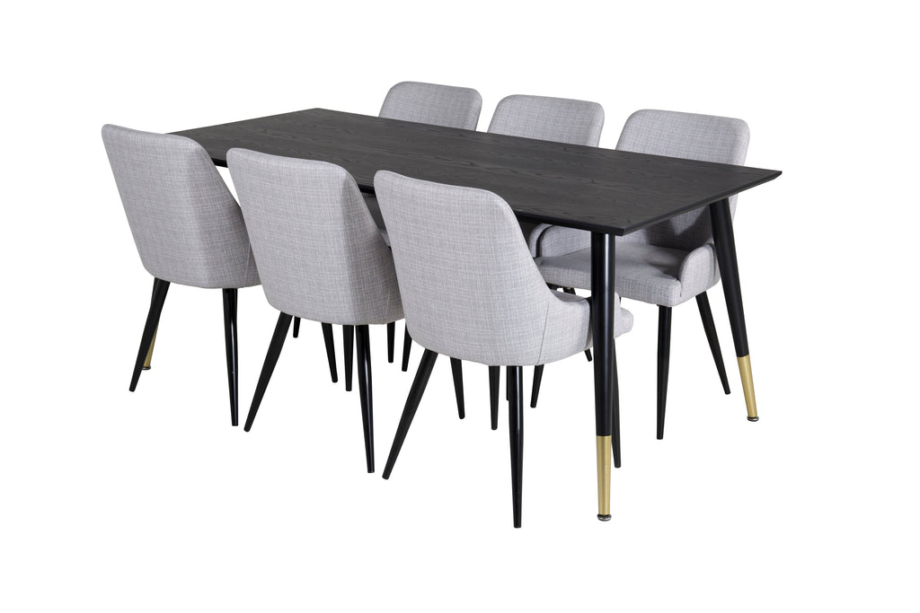 Dipp matbord 180x90cm svart med svart mässing och 6 Plaza matstolar svarta ben ljusgrått tyg