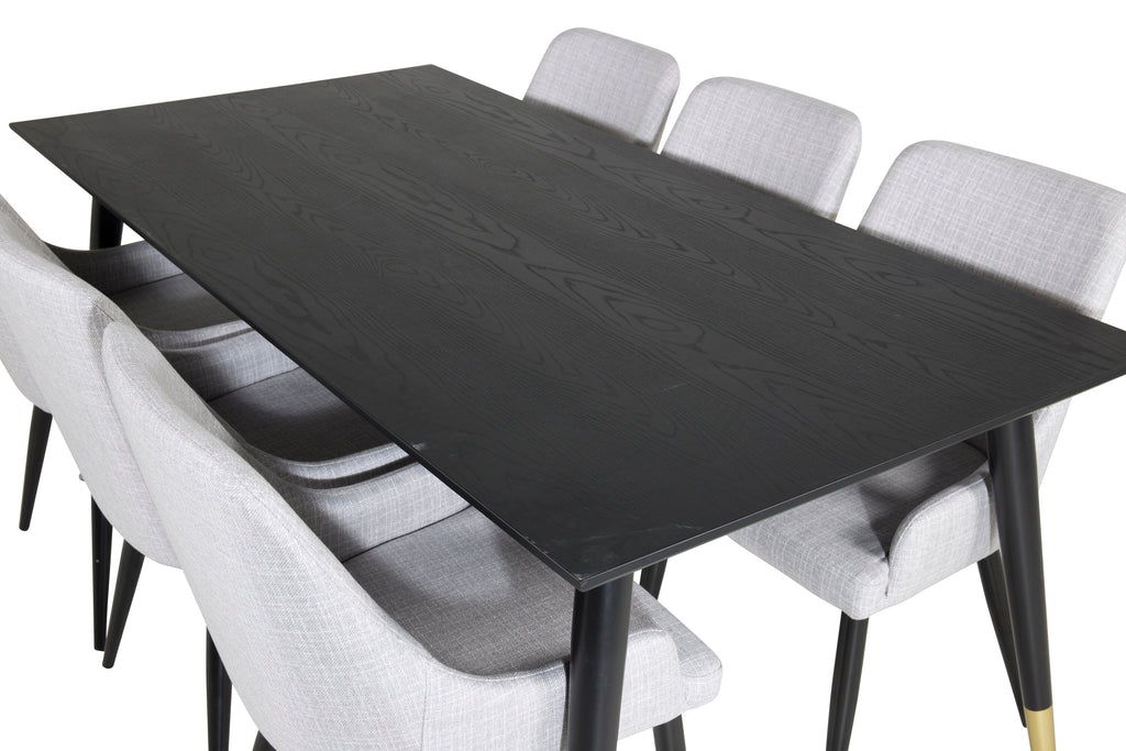Dipp matbord 180x90cm svart med svart mässing och 6 Plaza matstolar svarta ben ljusgrått tyg