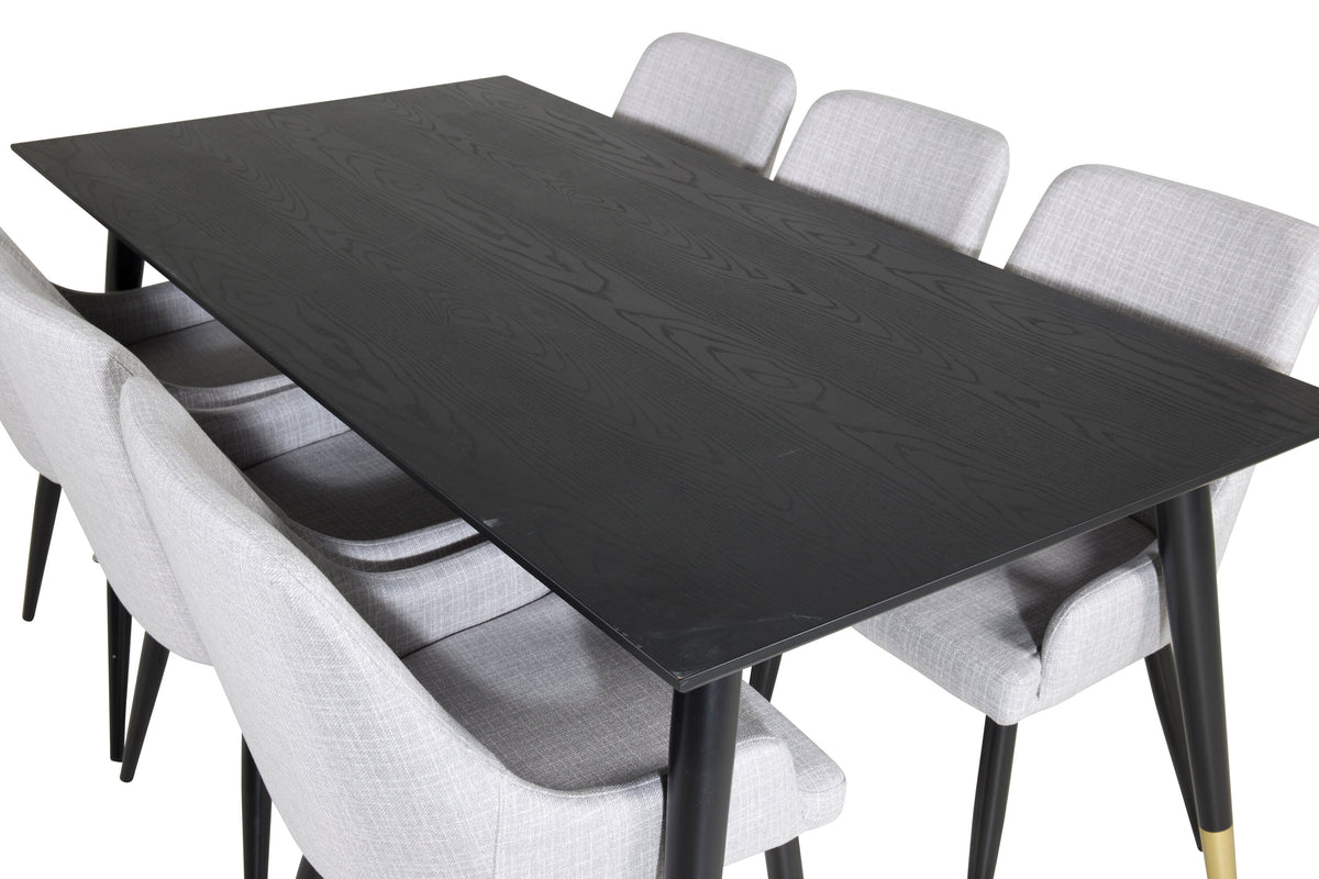 Dipp matbord 180x90cm svart med svart mässing och 6 Plaza matstolar svarta ben ljusgrått tyg