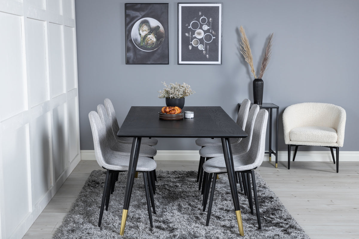Dipp matbord 180x90cm svart med svart mässing och 6 Polar Diamond matstolar svarta ben grått tyg