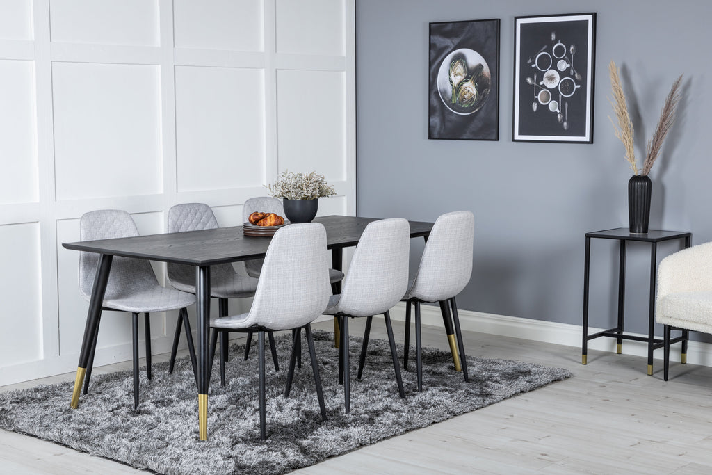 Dipp matbord 180x90cm svart med svart mässing och 6 Polar Diamond matstolar svarta ben grått tyg