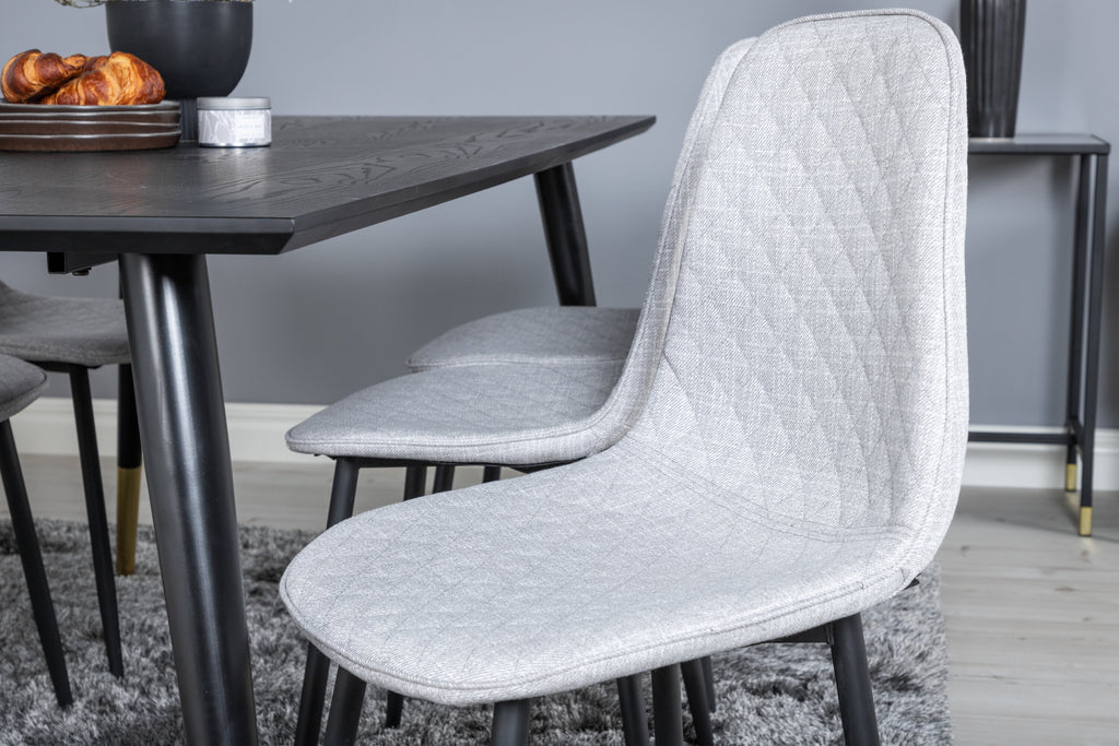 Dipp matbord 180x90cm svart med svart mässing och 6 Polar Diamond matstolar svarta ben grått tyg