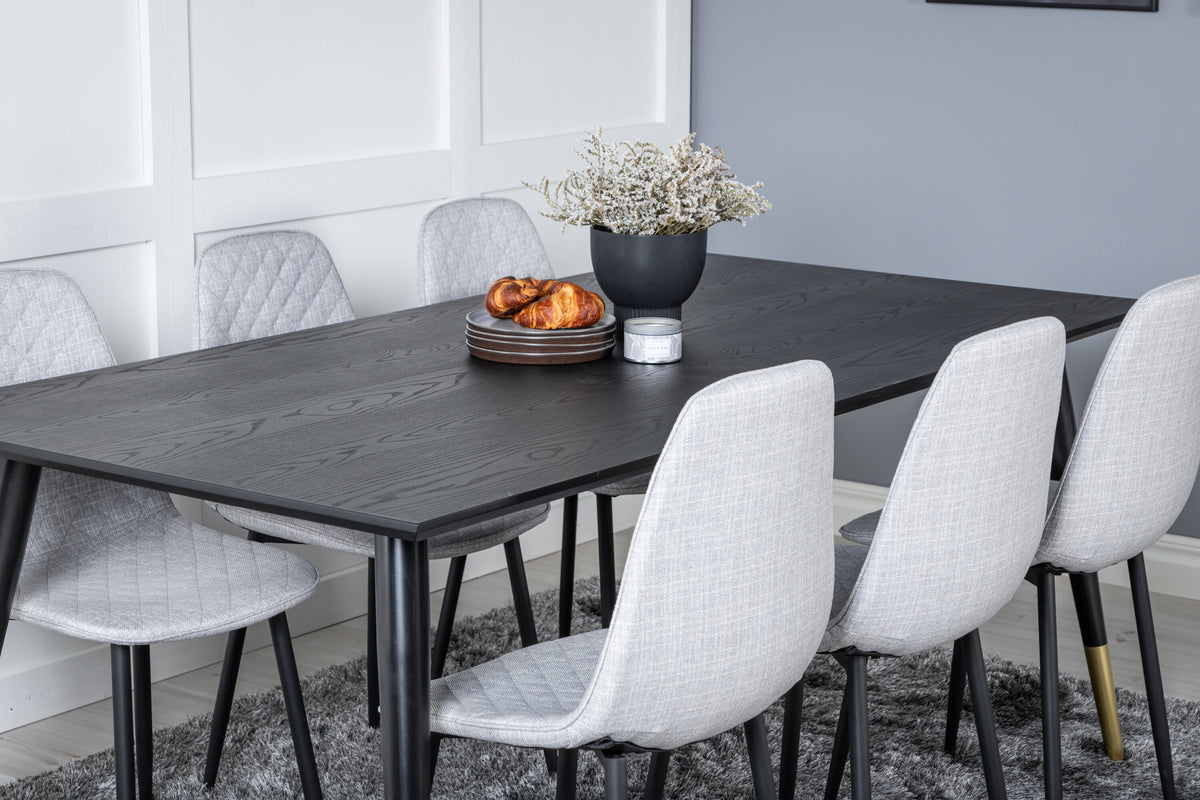 Dipp matbord 180x90cm svart med svart mässing och 6 Polar Diamond matstolar svarta ben grått tyg