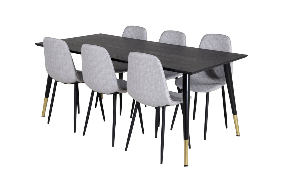 Dipp matbord 180x90cm svart med svart mässing och 6 Polar Diamond matstolar svarta ben grått tyg