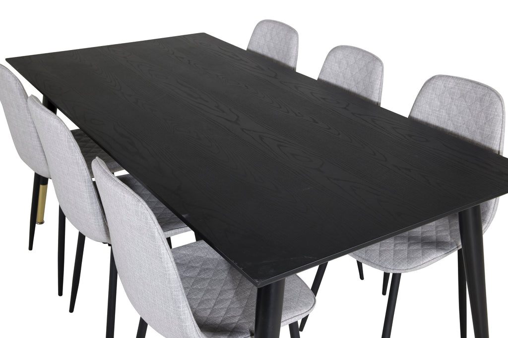 Dipp matbord 180x90cm svart med svart mässing och 6 Polar Diamond matstolar svarta ben grått tyg
