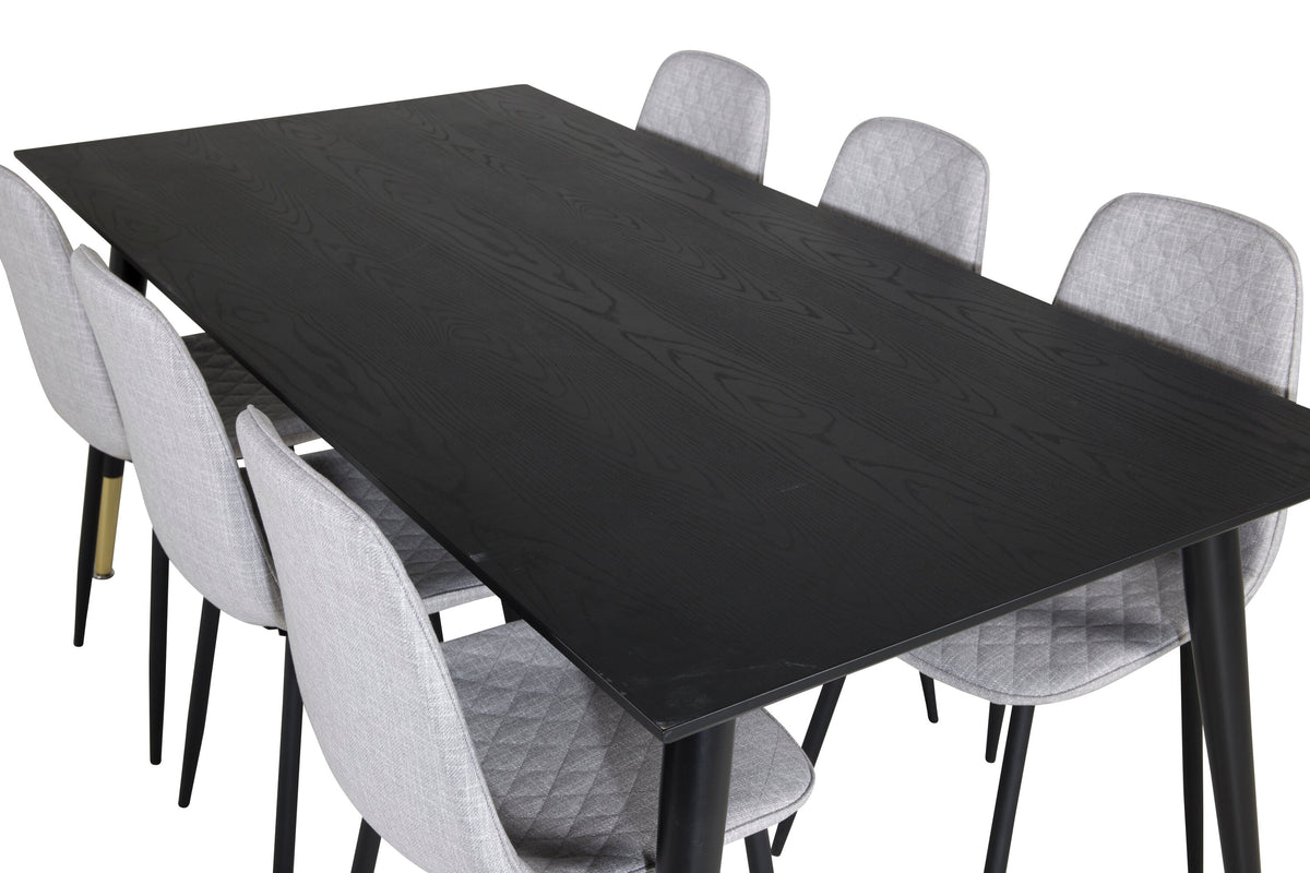 Dipp matbord 180x90cm svart med svart mässing och 6 Polar Diamond matstolar svarta ben grått tyg