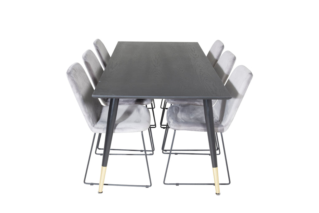 Dipp matbord 180x90cm svart med svart mässing och 6 Muce matstolar svarta ben grå sammet