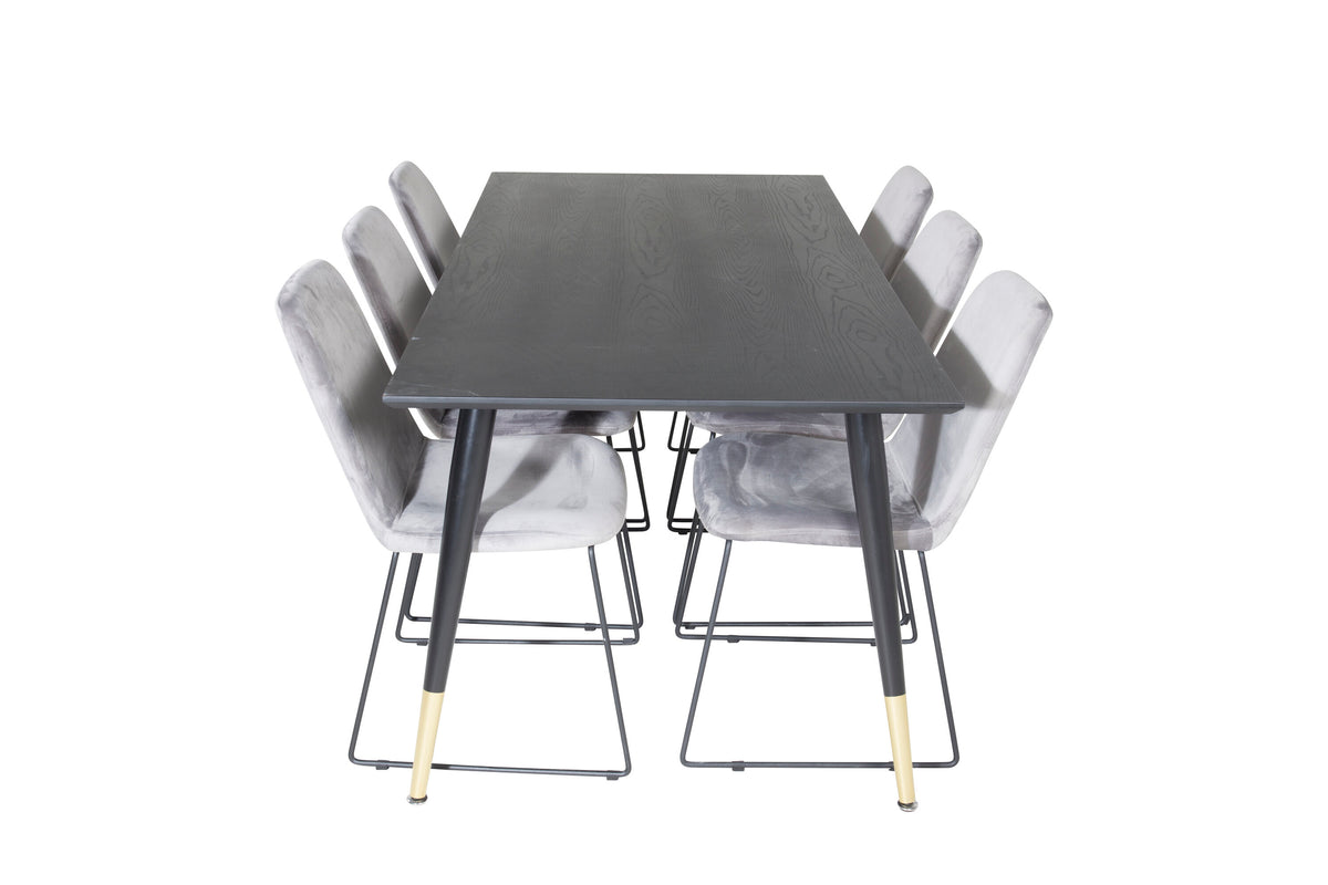 Dipp matbord 180x90cm svart med svart mässing och 6 Muce matstolar svarta ben grå sammet
