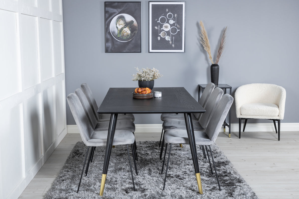 Dipp matbord 180x90cm svart med svart mässing och 6 Muce matstolar svarta ben grå sammet