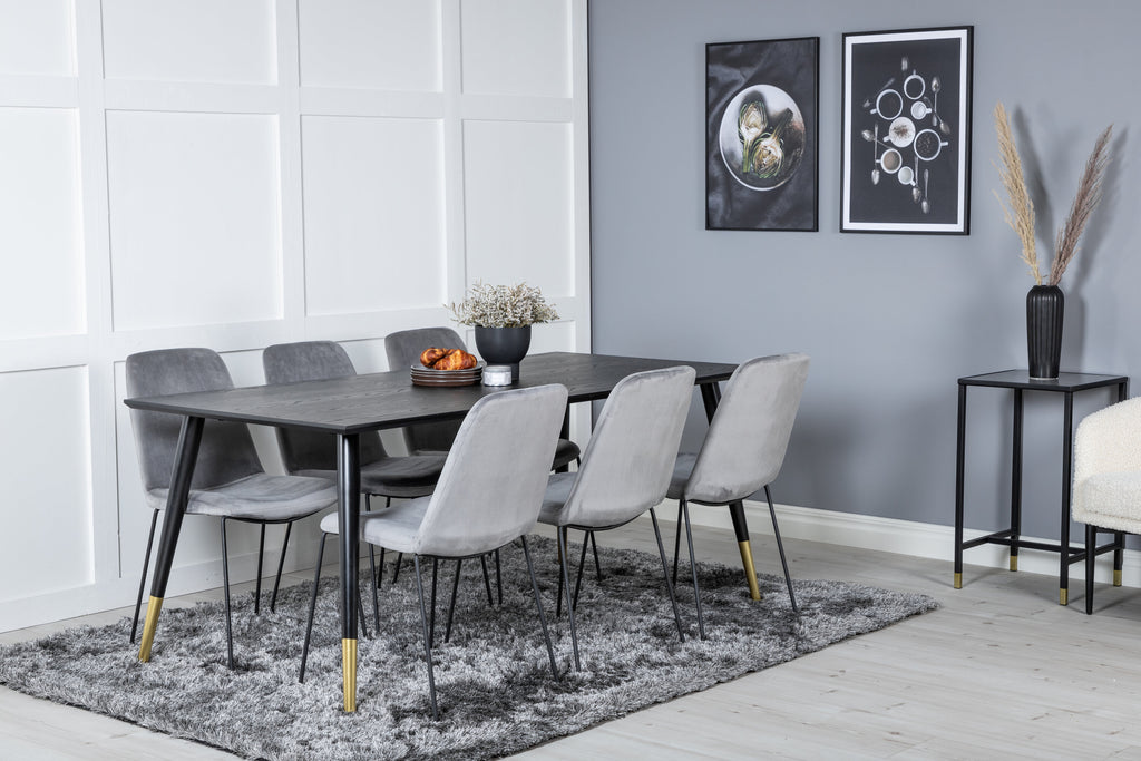 Dipp matbord 180x90cm svart med svart mässing och 6 Muce matstolar svarta ben grå sammet