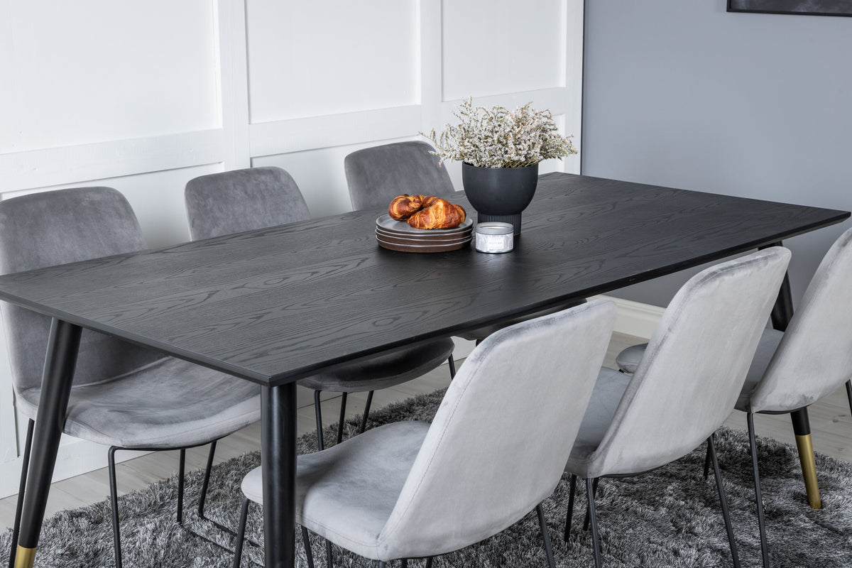 Dipp matbord 180x90cm svart med svart mässing och 6 Muce matstolar svarta ben grå sammet