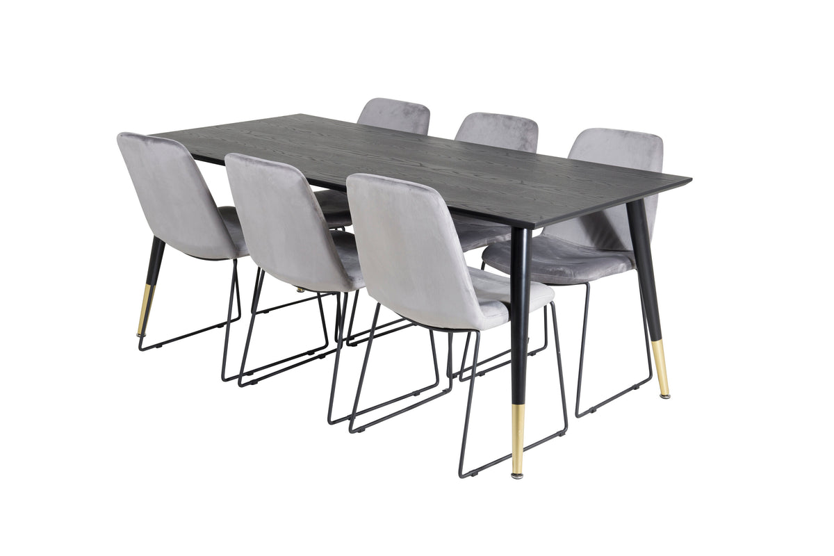 Dipp matbord 180x90cm svart med svart mässing och 6 Muce matstolar svarta ben grå sammet