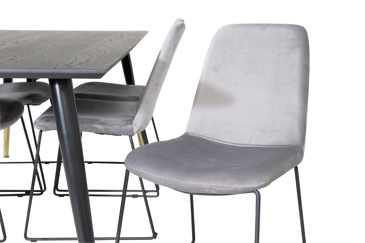 Dipp matbord 180x90cm svart med svart mässing och 6 Muce matstolar svarta ben grå sammet