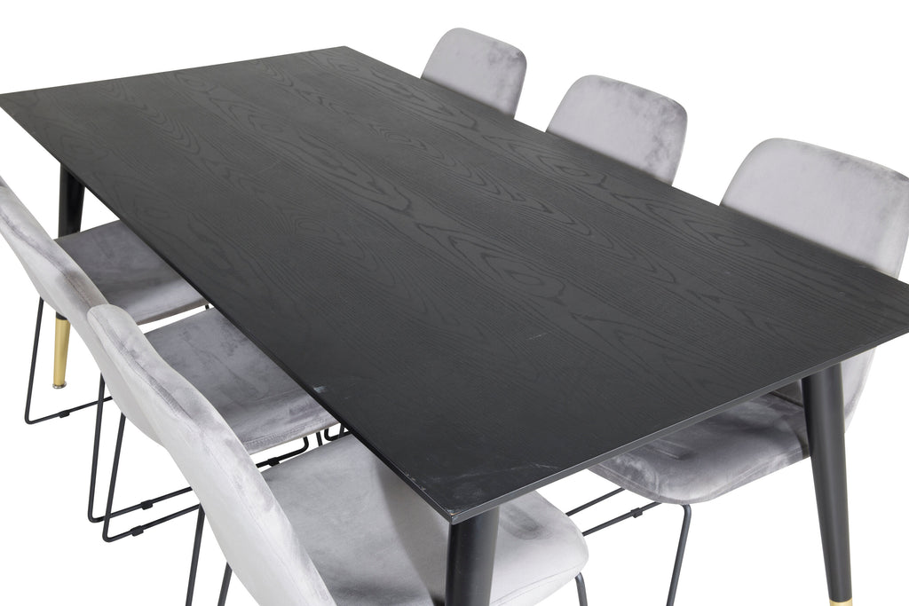 Dipp matbord 180x90cm svart med svart mässing och 6 Muce matstolar svarta ben grå sammet