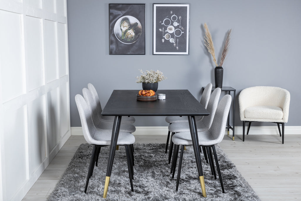 Dipp matbord 180x90cm svart med svart mässing och 6 Polar matstolar svarta ben ljusgrått tyg