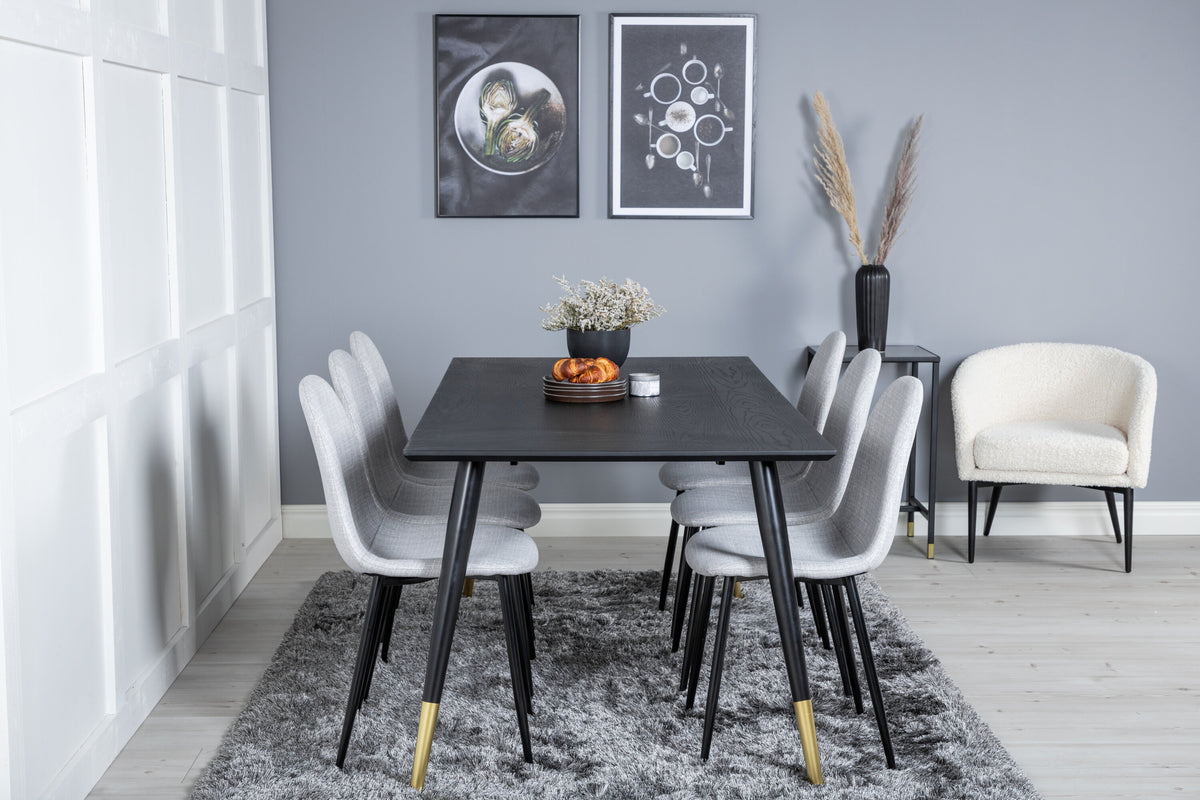 Dipp matbord 180x90cm svart med svart mässing och 6 Polar matstolar svarta ben ljusgrått tyg