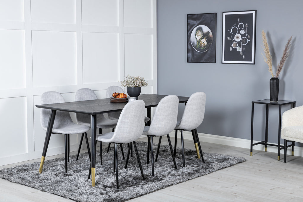 Dipp matbord 180x90cm svart med svart mässing och 6 Polar matstolar svarta ben ljusgrått tyg