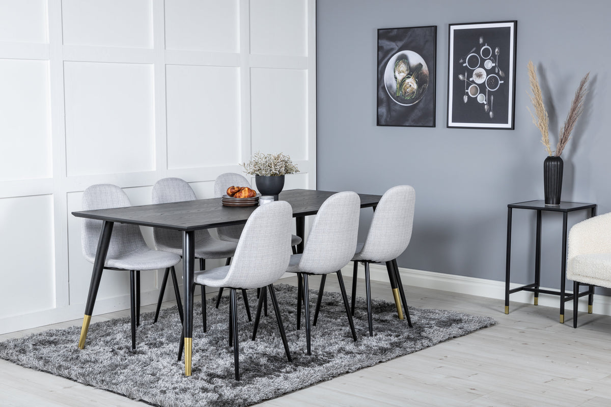 Dipp matbord 180x90cm svart med svart mässing och 6 Polar matstolar svarta ben ljusgrått tyg