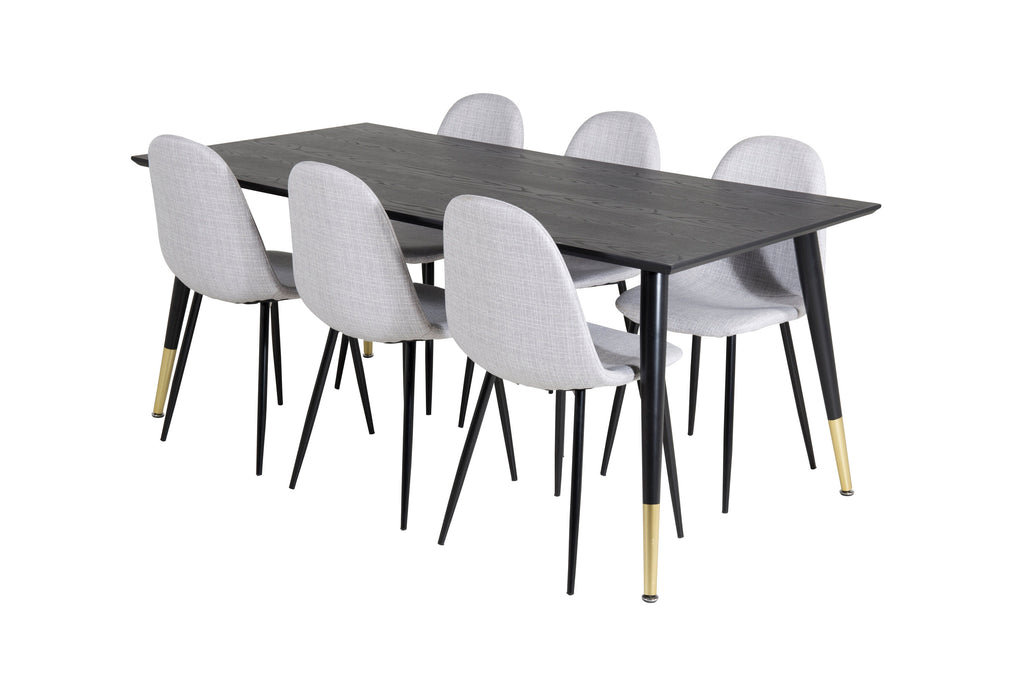 Dipp matbord 180x90cm svart med svart mässing och 6 Polar matstolar svarta ben ljusgrått tyg