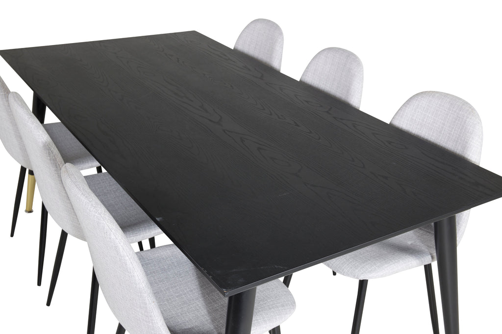 Dipp matbord 180x90cm svart med svart mässing och 6 Polar matstolar svarta ben ljusgrått tyg