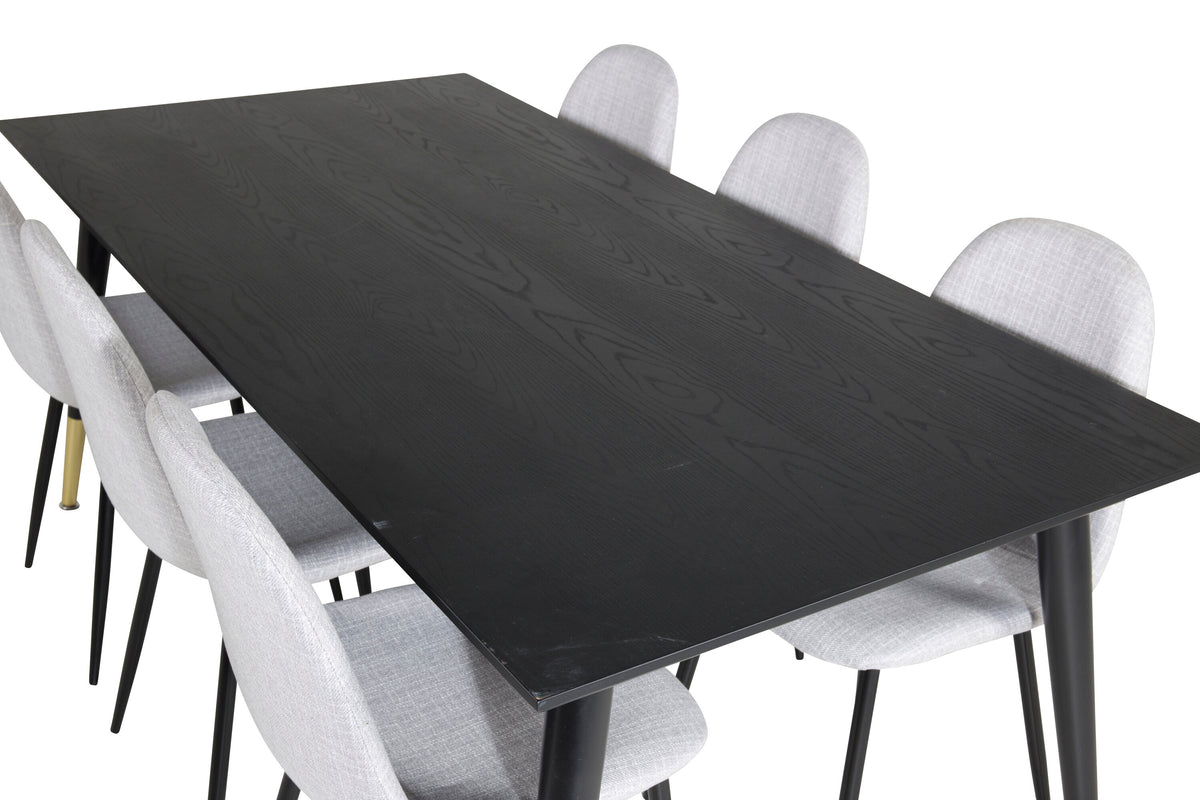 Dipp matbord 180x90cm svart med svart mässing och 6 Polar matstolar svarta ben ljusgrått tyg