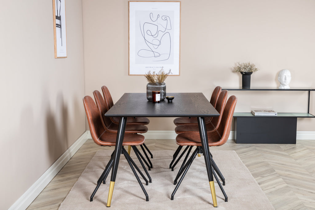 Dipp matbord 180x90cm svart med svart mässing och 6 Polar matstolar med snurrfunktion svarta ben brun PU vita sömmar