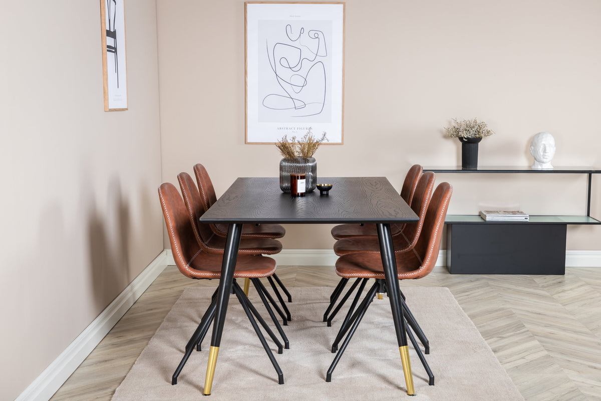 Dipp matbord 180x90cm svart med svart mässing och 6 Polar matstolar med snurrfunktion svarta ben brun PU vita sömmar