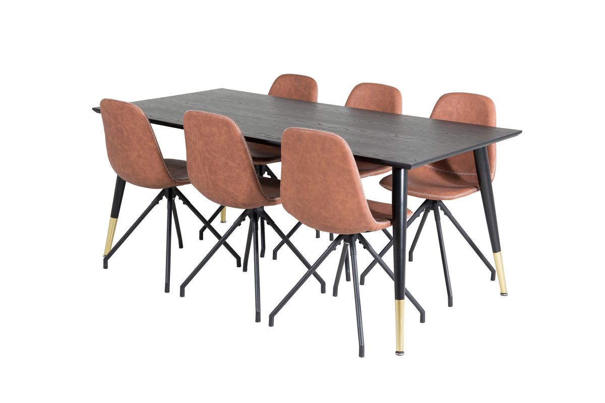 Dipp matbord 180x90cm svart med svart mässing och 6 Polar matstolar med snurrfunktion svarta ben brun PU vita sömmar