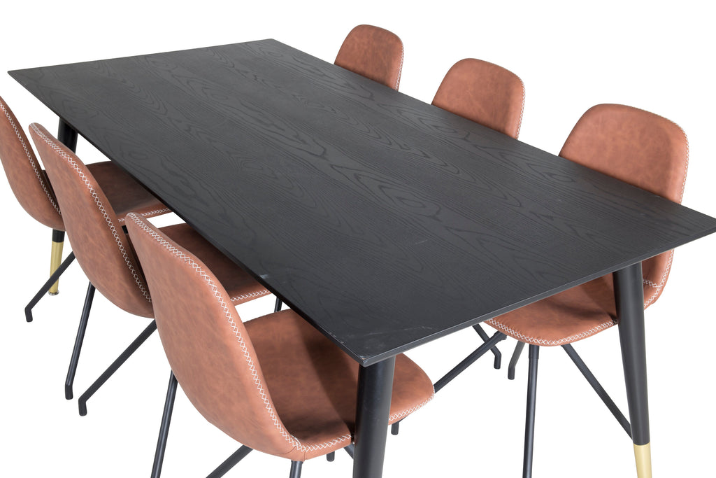 Dipp matbord 180x90cm svart med svart mässing och 6 Polar matstolar med snurrfunktion svarta ben brun PU vita sömmar