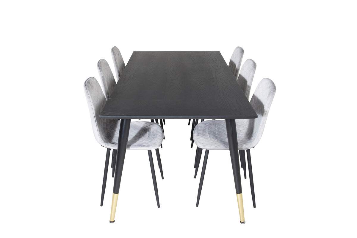 Dipp matbord 180x90cm svart med svart mässing och 6 Polar Diamond matstolar svarta ben grå sammet