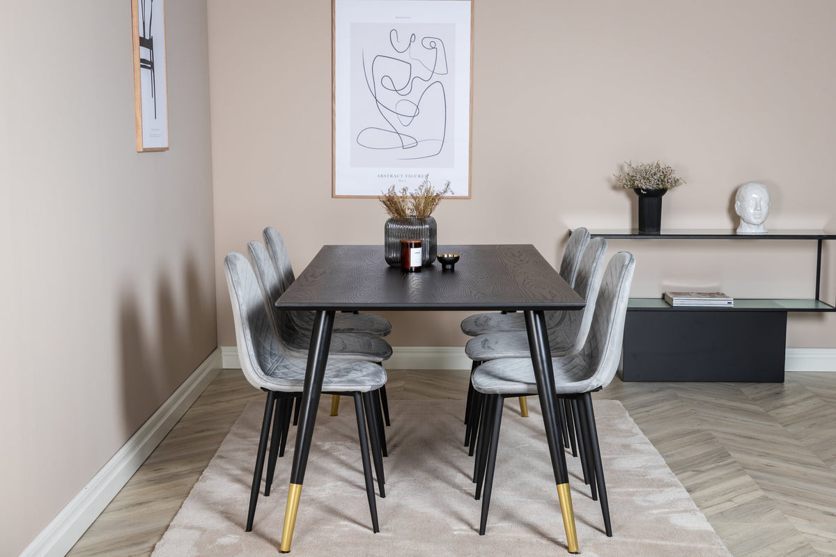 Dipp matbord 180x90cm svart med svart mässing och 6 Polar Diamond matstolar svarta ben grå sammet