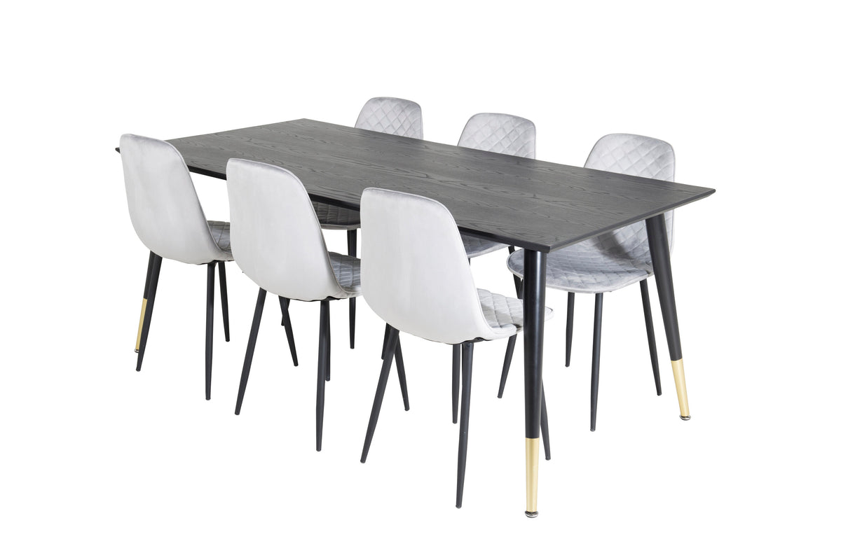 Dipp matbord 180x90cm svart med svart mässing och 6 Polar Diamond matstolar svarta ben grå sammet