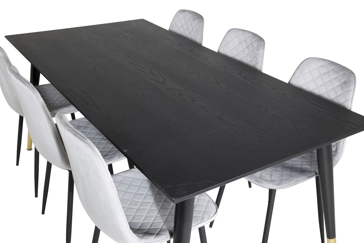 Dipp matbord 180x90cm svart med svart mässing och 6 Polar Diamond matstolar svarta ben grå sammet