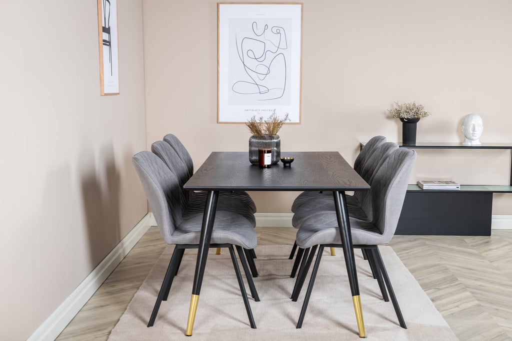 Dipp matbord 180*90cm svart/svart mässing med 6 Gemma matstolar svarta ben grå tyg