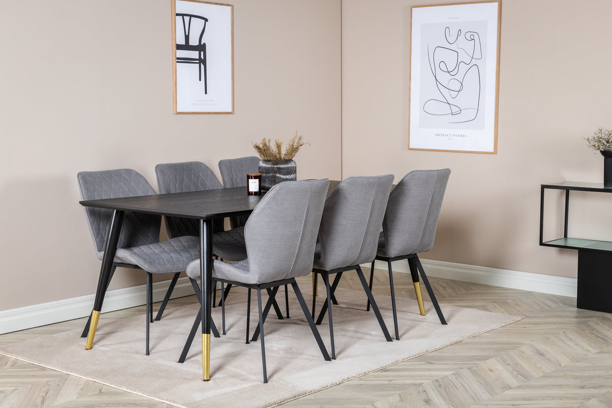 Dipp matbord 180*90cm svart/svart mässing med 6 Gemma matstolar svarta ben grå tyg