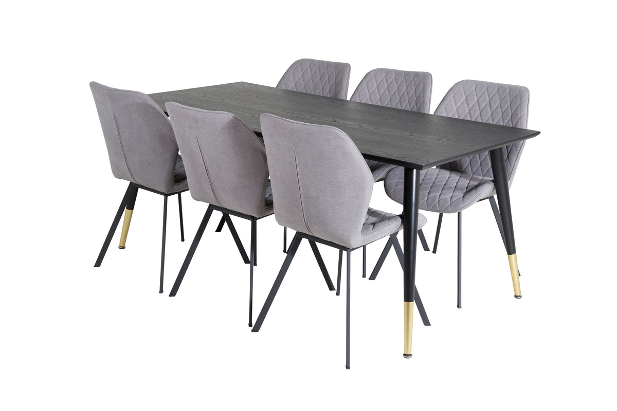 Dipp matbord 180*90cm svart/svart mässing med 6 Gemma matstolar svarta ben grå tyg