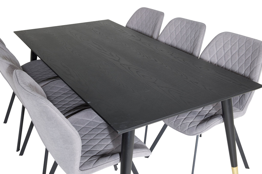 Dipp matbord 180*90cm svart/svart mässing med 6 Gemma matstolar svarta ben grå tyg